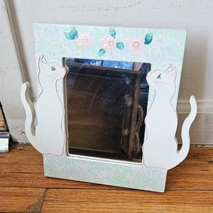 Vintage white kitty cat floral flower mirror frame 9"x 10 inches can stand up or